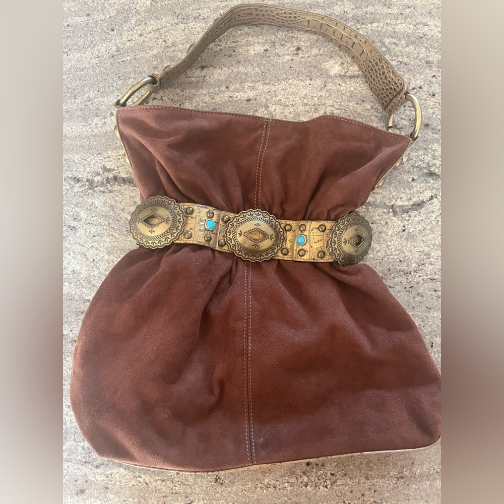 KATHY VAN ZEELAND Vegan Faux Suede & Leather Brown & Gold Concha Turquoise Trim